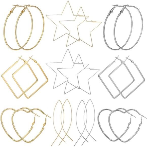 10 Pairs Big Hoop Earrings Set for Women Gold Plated Rose Gold Plated Silver - Picture 1 of 7